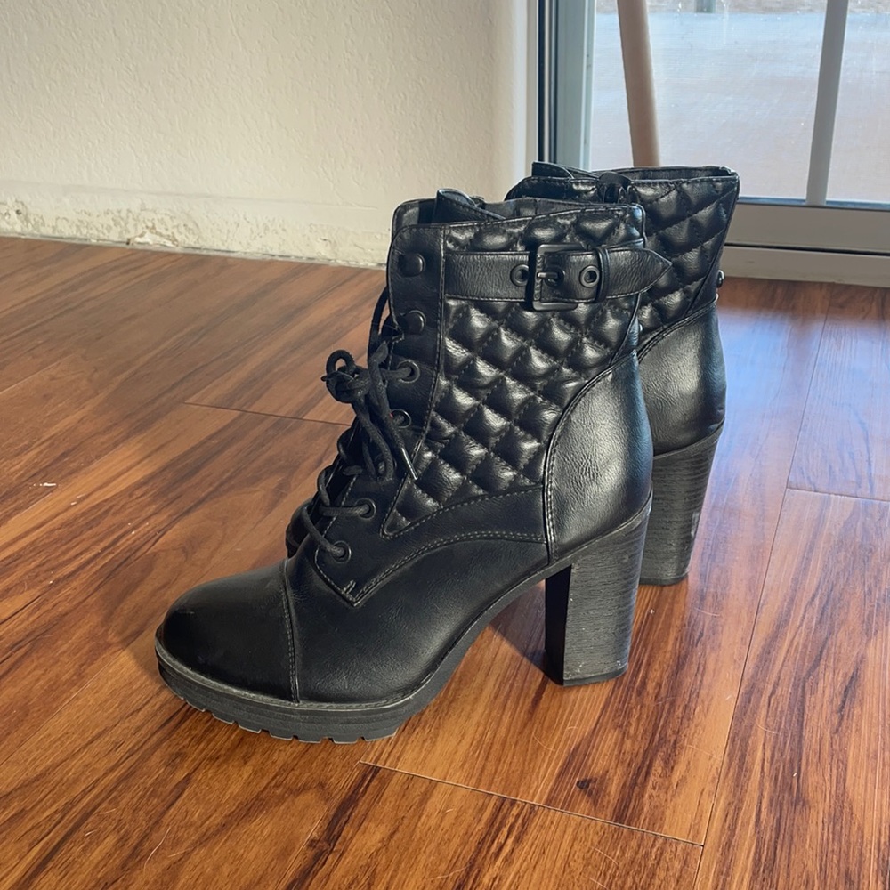 Black motorcycle style pleather heels, 9